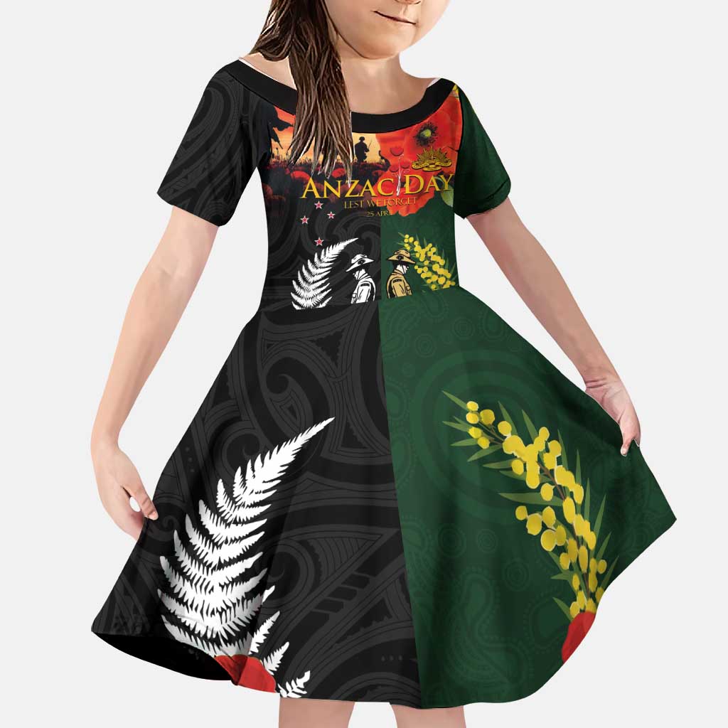 New Zealand and Australia ANZAC Day Family Matching Long Sleeve Bodycon Dress and Hawaiian Shirt Lest We Forget Indigenous and Maori Pattern LT03 Daughter's Dress Multicolor - Polynesian Pride