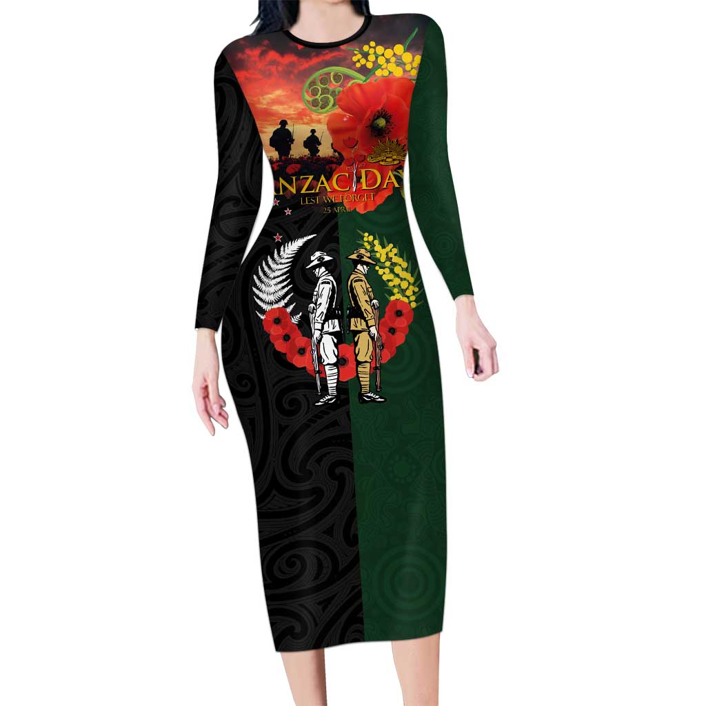 New Zealand and Australia ANZAC Day Family Matching Long Sleeve Bodycon Dress and Hawaiian Shirt Lest We Forget Indigenous and Maori Pattern LT03 Mom's Dress Multicolor - Polynesian Pride