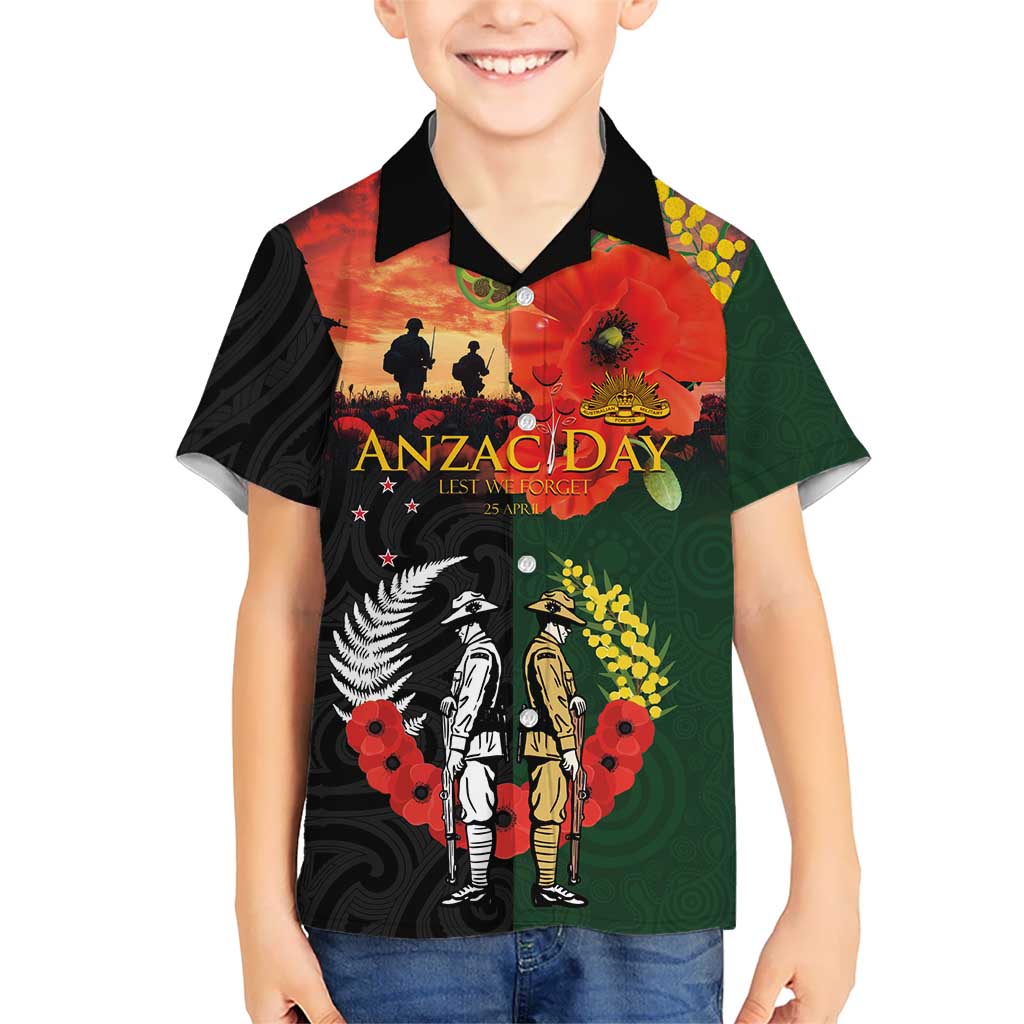 New Zealand and Australia ANZAC Day Family Matching Long Sleeve Bodycon Dress and Hawaiian Shirt Lest We Forget Indigenous and Maori Pattern LT03 Son's Shirt Multicolor - Polynesian Pride