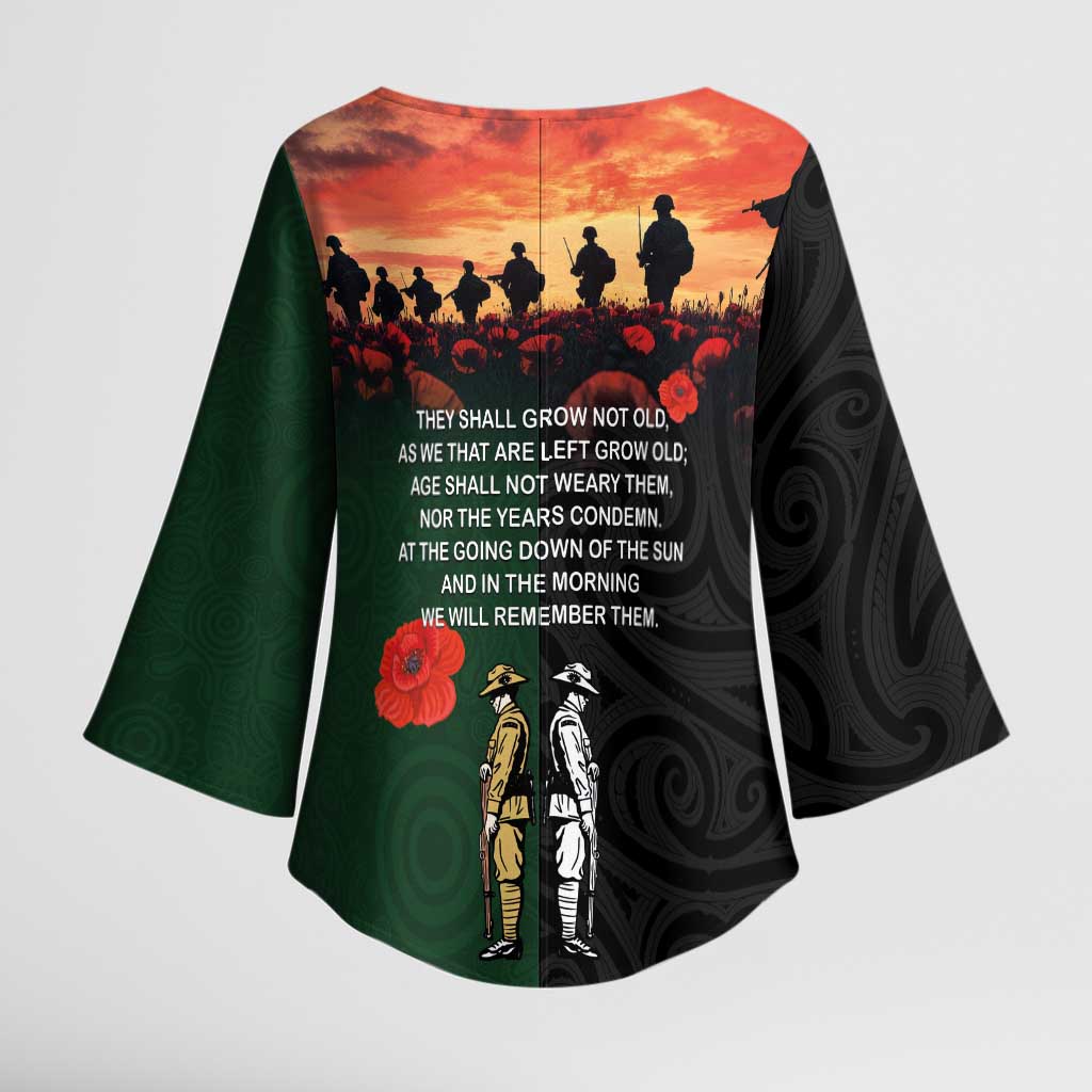 New Zealand and Australia ANZAC Day Kimono Sleeve Blouse Lest We Forget Indigenous and Maori Pattern