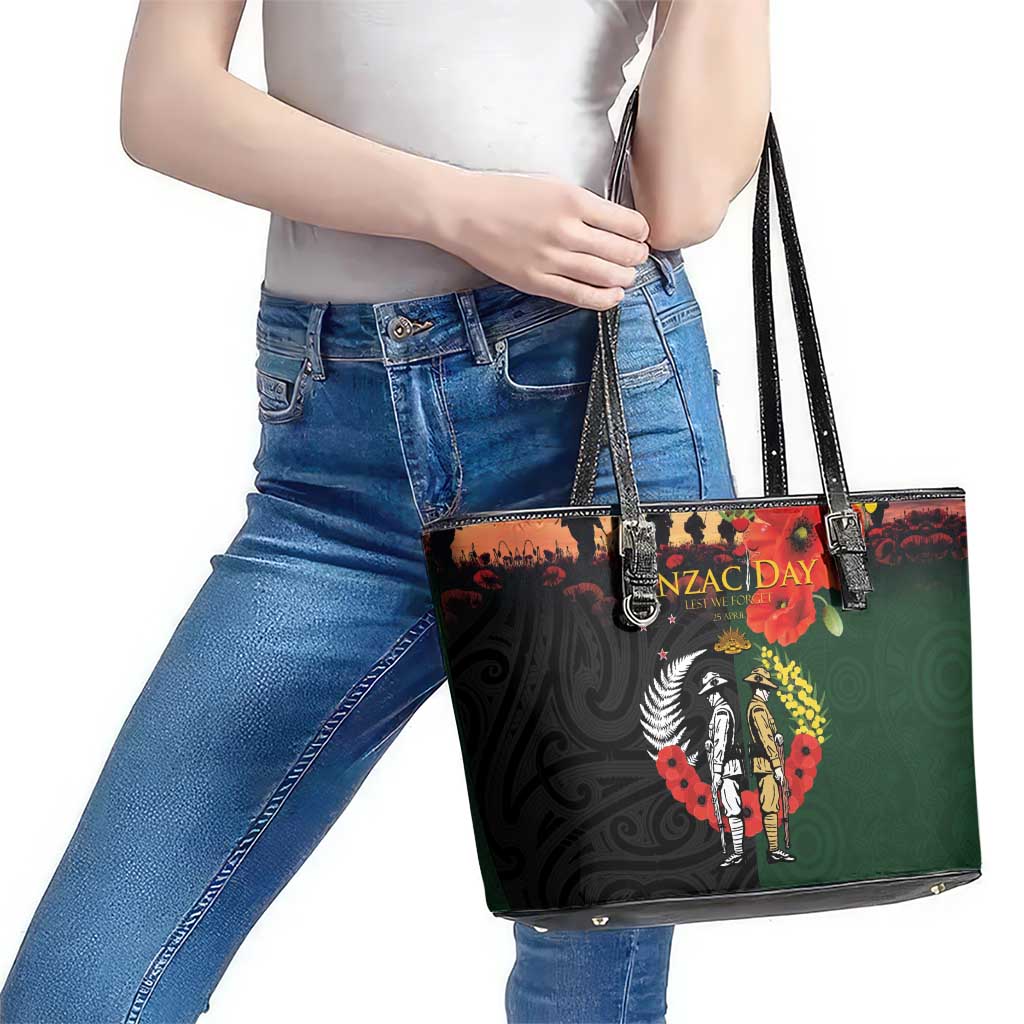 New Zealand and Australia ANZAC Day Leather Tote Bag Lest We Forget Indigenous and Maori Pattern