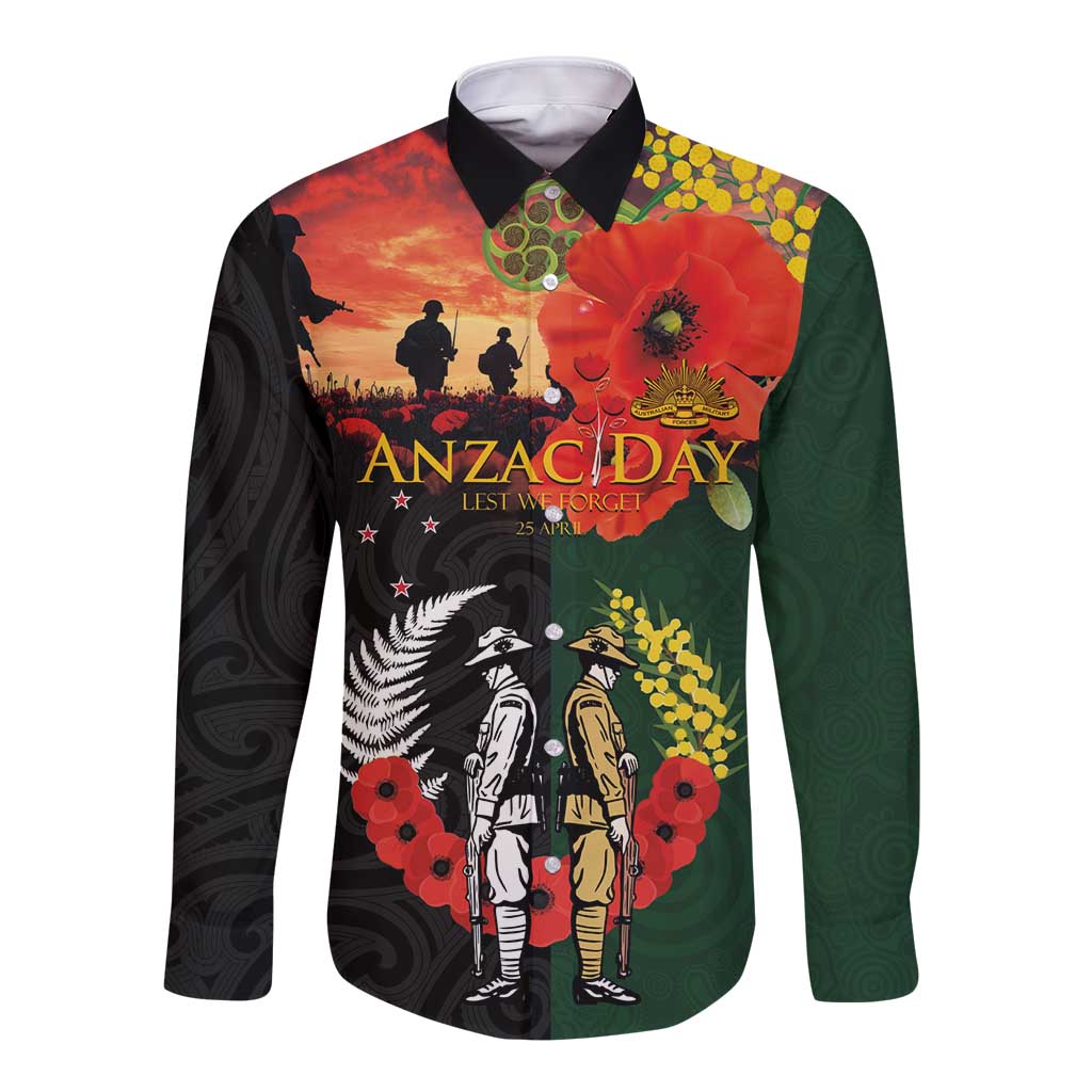 New Zealand and Australia ANZAC Day Long Sleeve Button Shirt Lest We Forget Indigenous and Maori Pattern LT03 Unisex Multicolor - Polynesian Pride