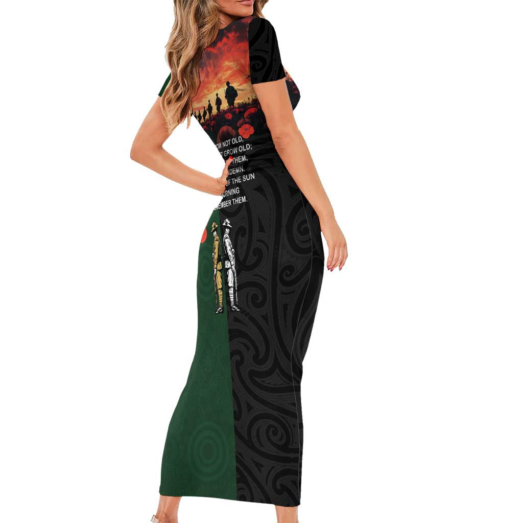 New Zealand and Australia ANZAC Day Short Sleeve Bodycon Dress Lest We Forget Indigenous and Maori Pattern LT03 - Polynesian Pride