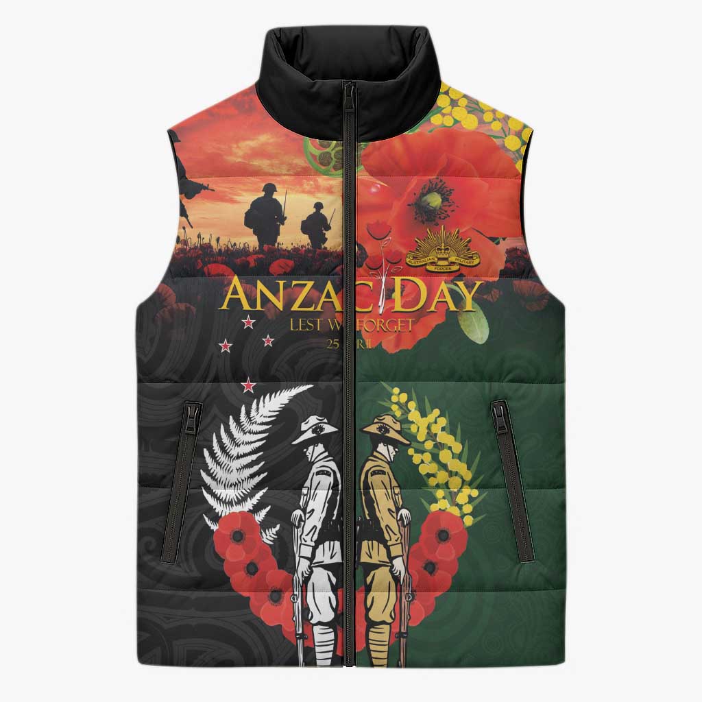 New Zealand and Australia ANZAC Day Sleeveless Puffer Jacket Lest We Forget Indigenous and Maori Pattern