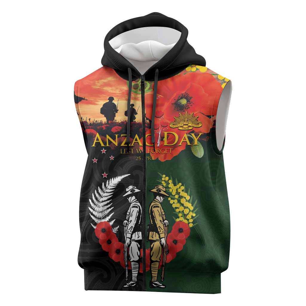 New Zealand and Australia ANZAC Day Sleeveless Zip Hoodie Lest We Forget Indigenous and Maori Pattern
