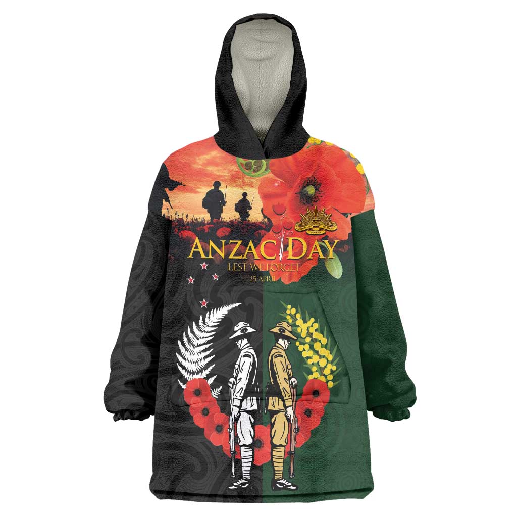 New Zealand and Australia ANZAC Day Wearable Blanket Hoodie Lest We Forget Indigenous and Maori Pattern LT03 One Size Multicolor - Polynesian Pride