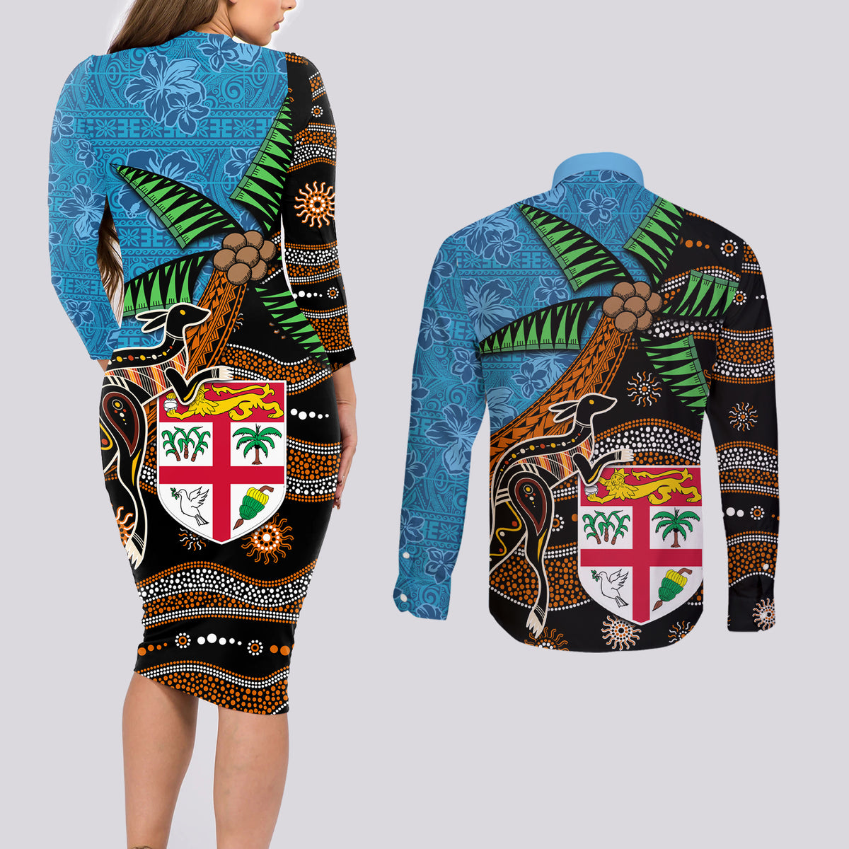 Fiji and Australia Couples Matching Long Sleeve Bodycon Dress and Long Sleeve Button Shirt Fijian and Aboriginal mix Culture