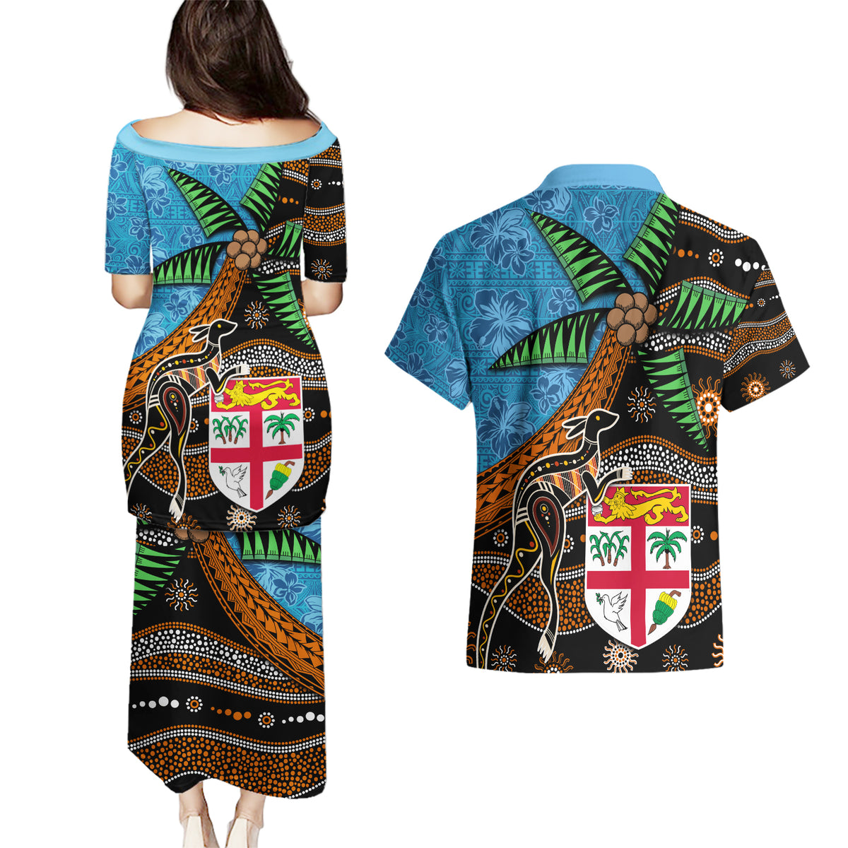 Fiji and Australia Couples Matching Puletasi and Hawaiian Shirt Fijian and Aboriginal mix Culture