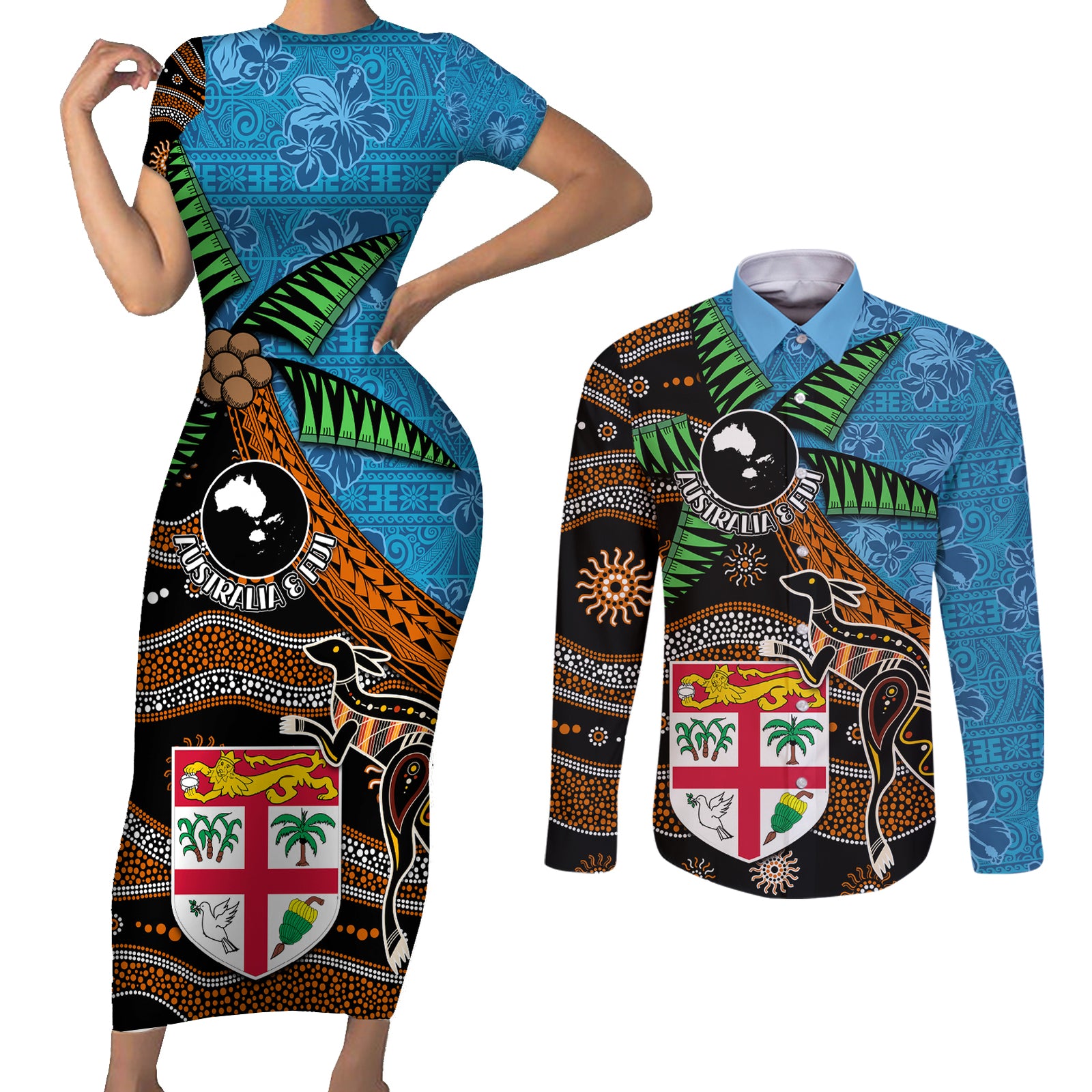 Fiji and Australia Couples Matching Short Sleeve Bodycon Dress and Long Sleeve Button Shirt Fijian and Aboriginal mix Culture
