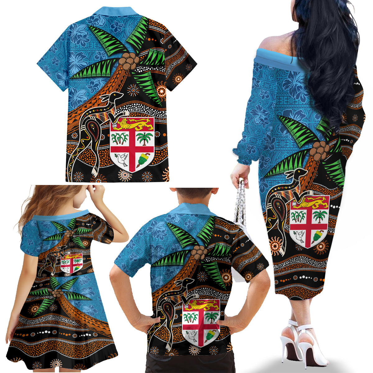 Fiji and Australia Family Matching Off The Shoulder Long Sleeve Dress and Hawaiian Shirt Fijian and Aboriginal mix Culture