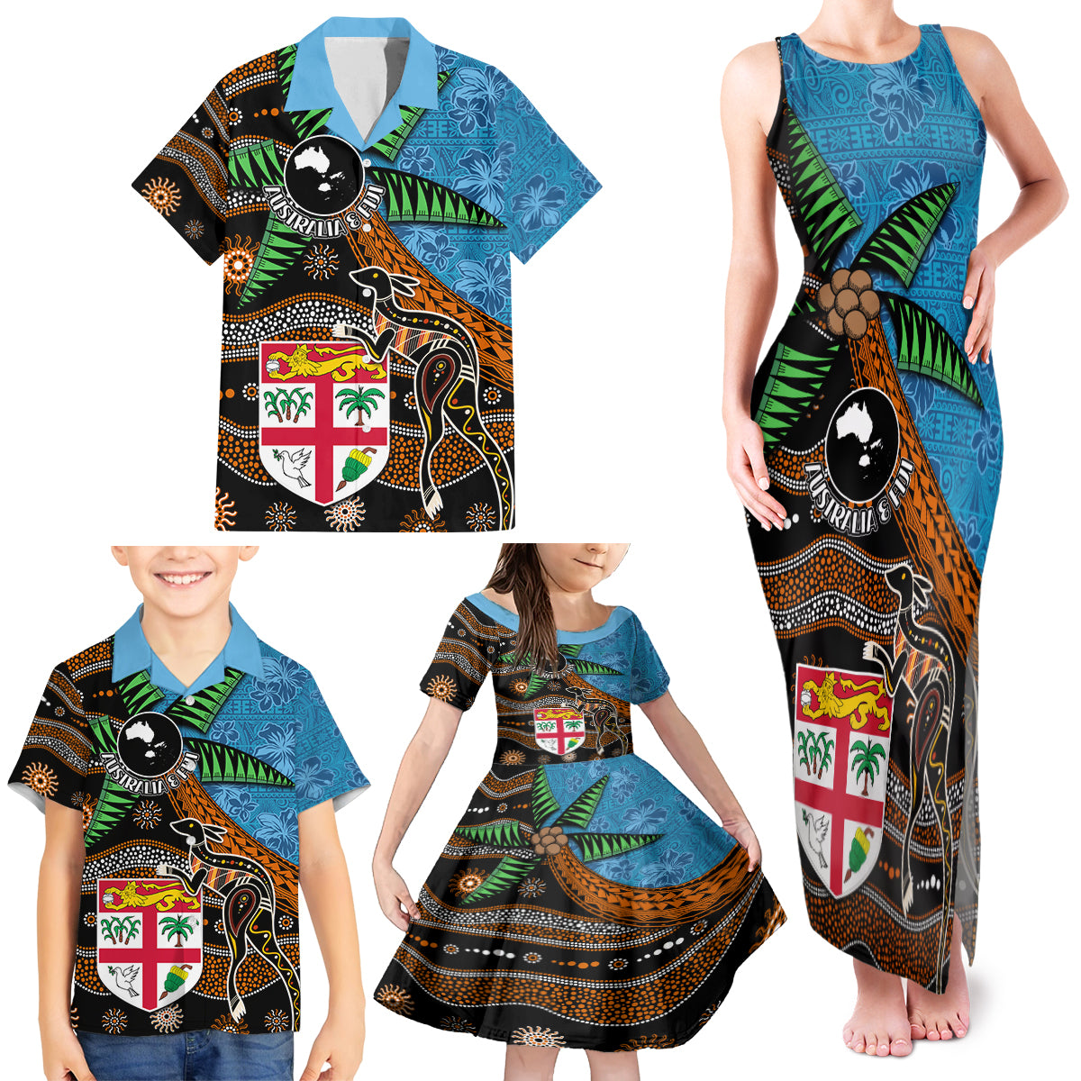Fiji and Australia Family Matching Tank Maxi Dress and Hawaiian Shirt Fijian and Aboriginal mix Culture