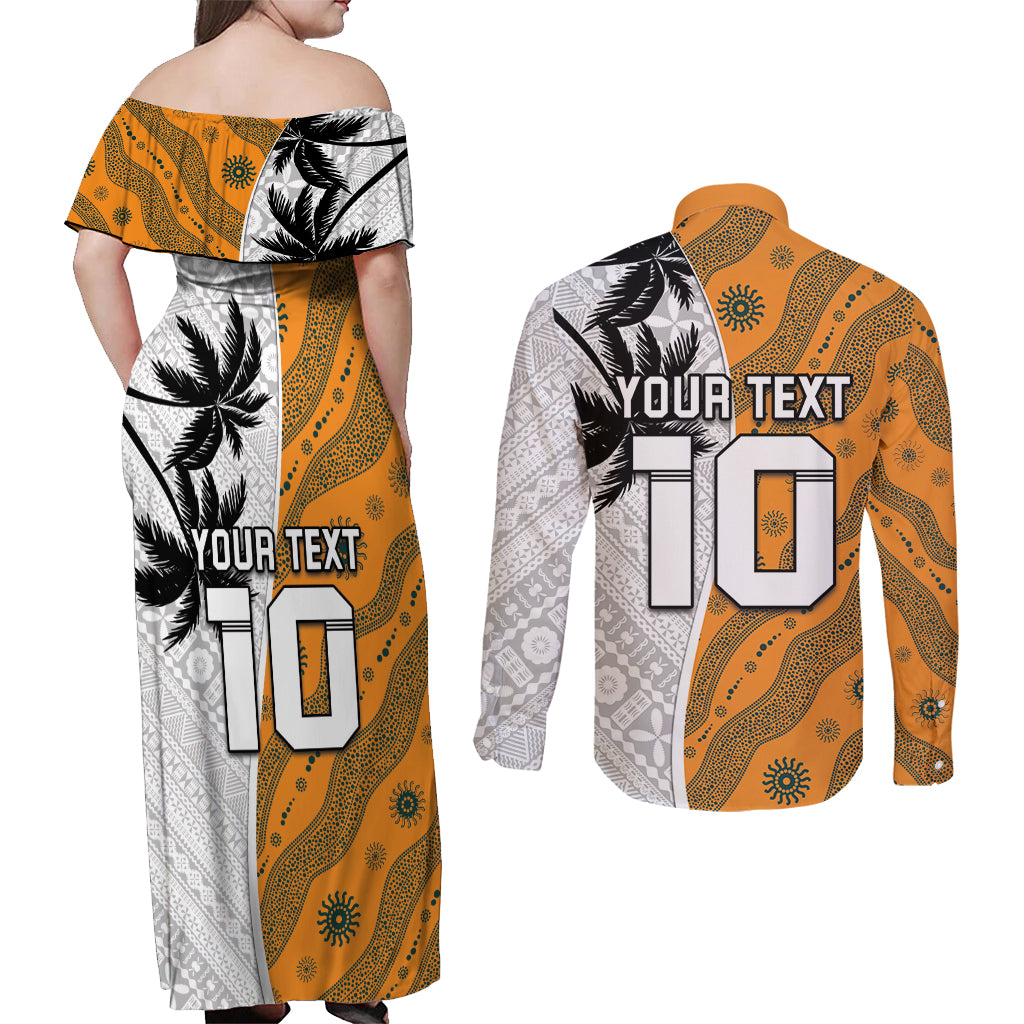 Custom Fiji and Australia Rugby Couples Matching Off Shoulder Maxi Dress and Long Sleeve Button Shirt Tapa Mix Aboriginal Pattern Half Style