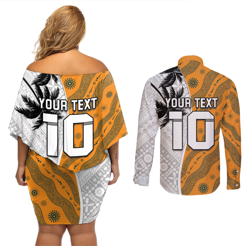Custom Fiji and Australia Rugby Couples Matching Off Shoulder Short Dress and Long Sleeve Button Shirt Tapa Mix Aboriginal Pattern Half Style