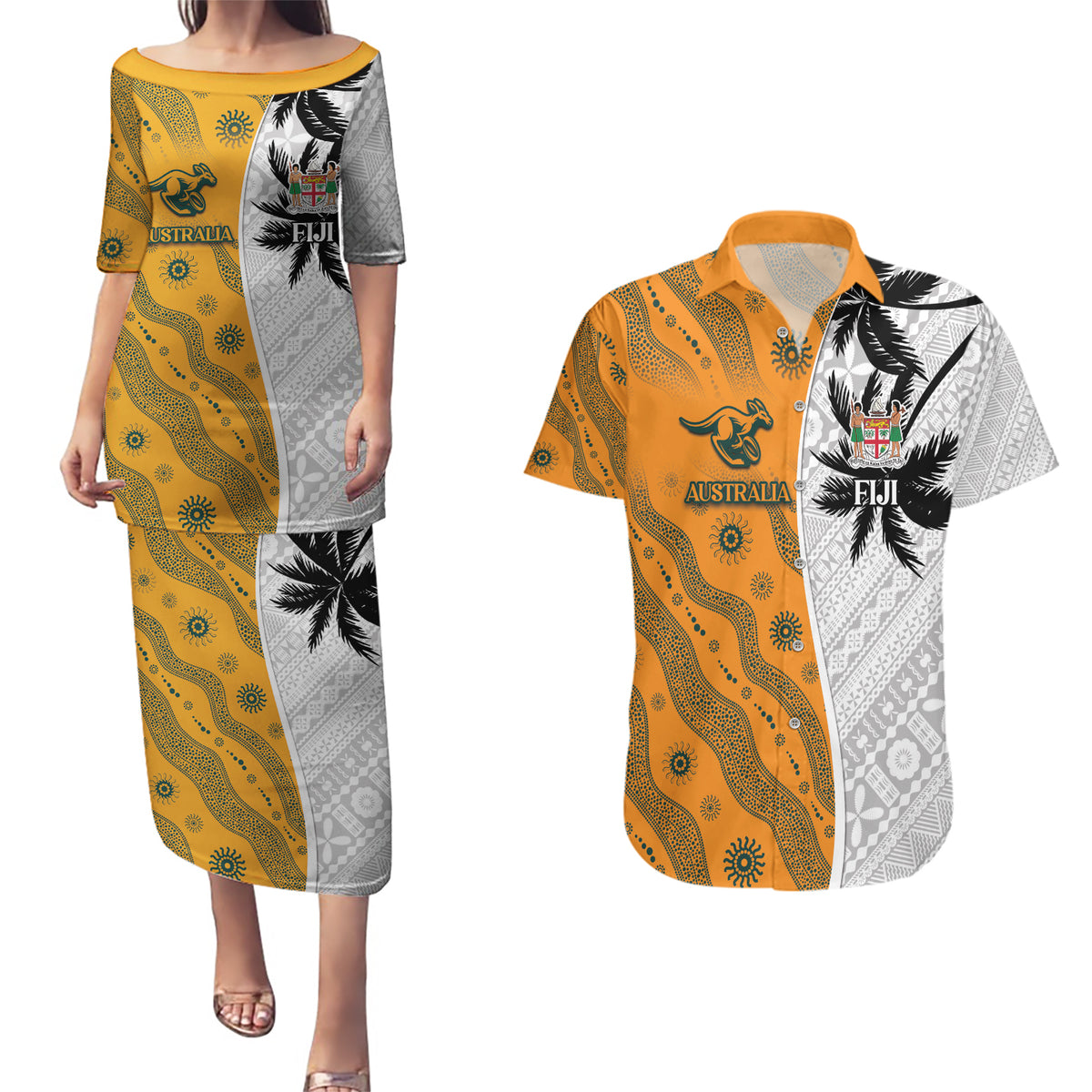 Custom Fiji and Australia Rugby Couples Matching Puletasi and Hawaiian Shirt Tapa Mix Aboriginal Pattern Half Style