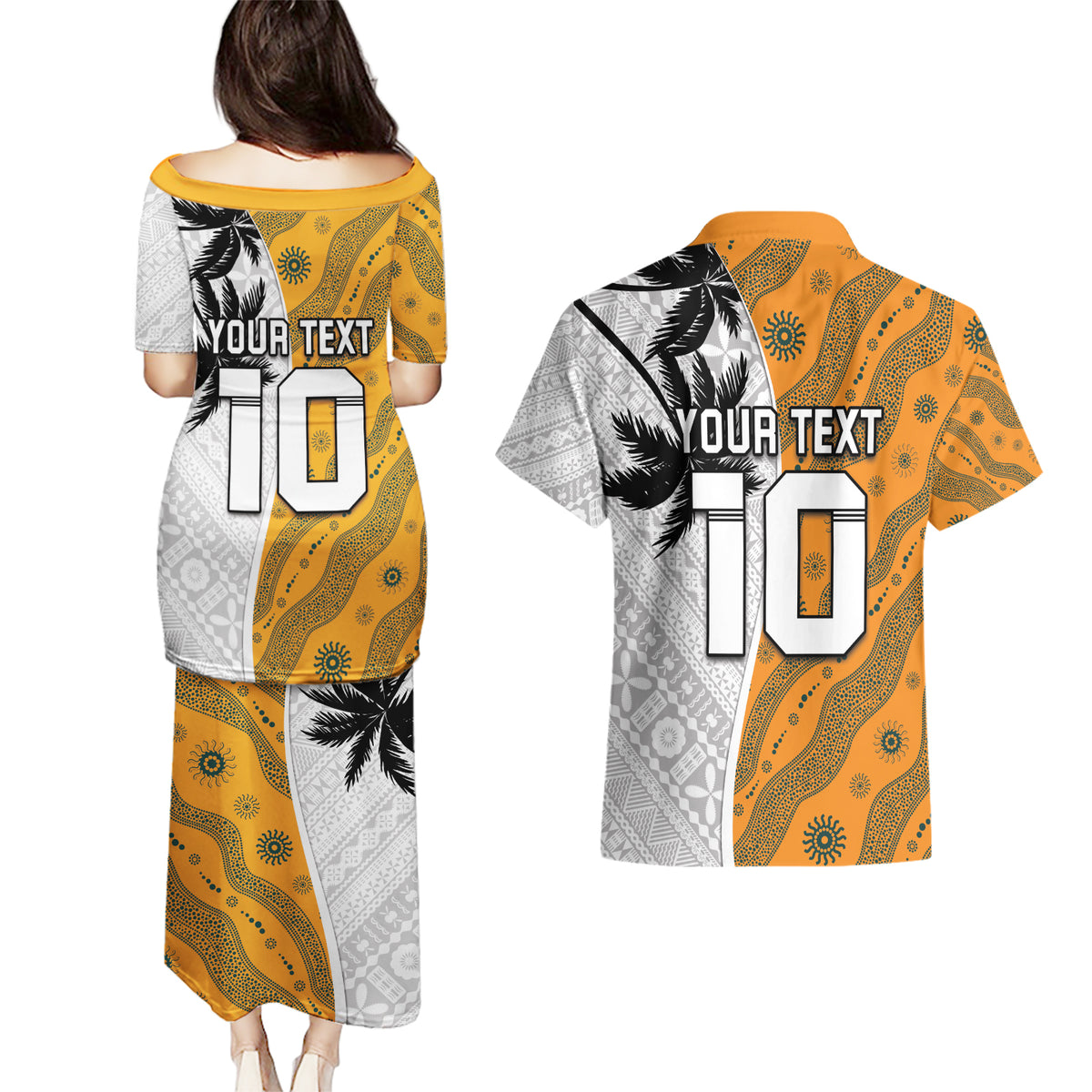 Custom Fiji and Australia Rugby Couples Matching Puletasi and Hawaiian Shirt Tapa Mix Aboriginal Pattern Half Style