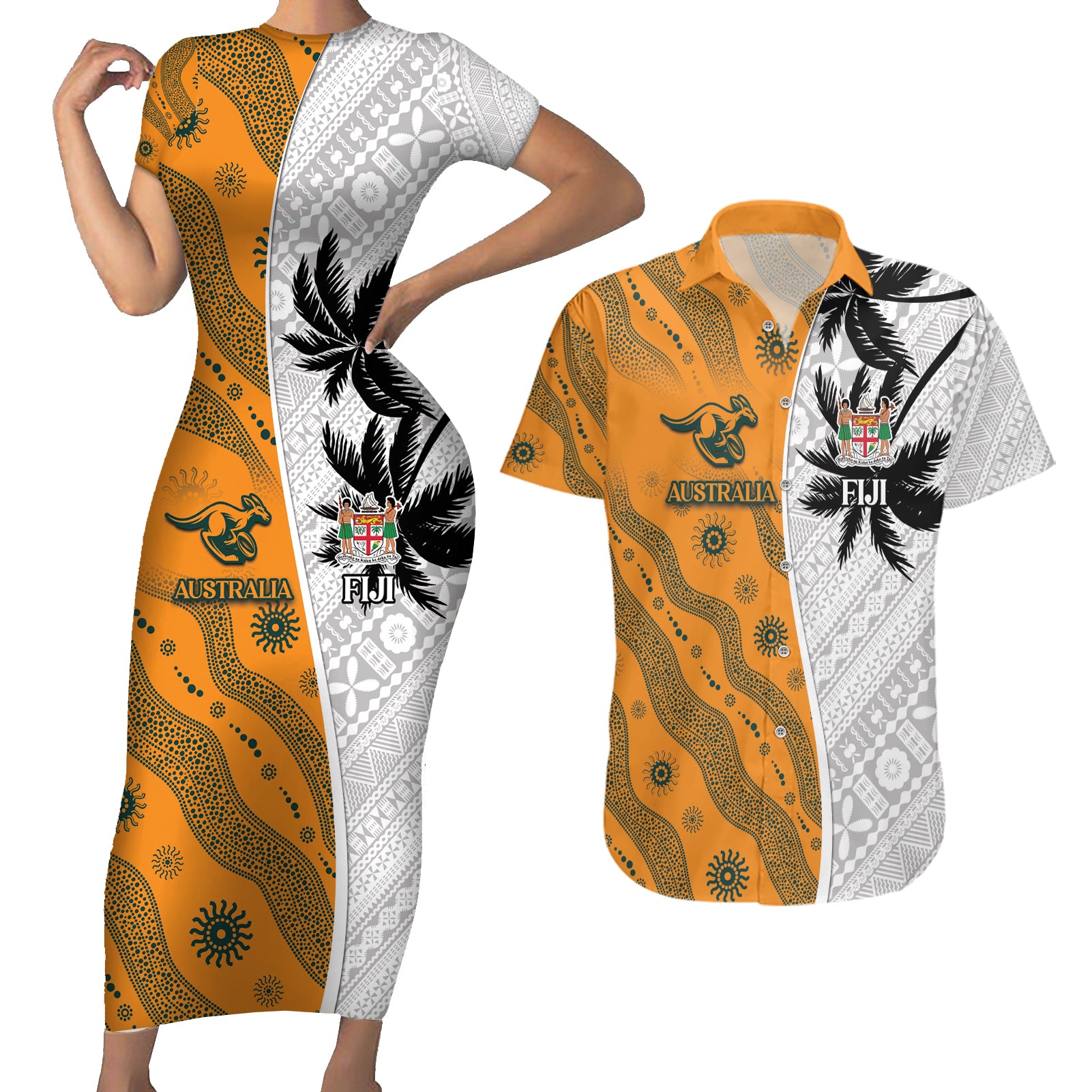 Custom Fiji and Australia Rugby Couples Matching Short Sleeve Bodycon Dress and Hawaiian Shirt Tapa Mix Aboriginal Pattern Half Style