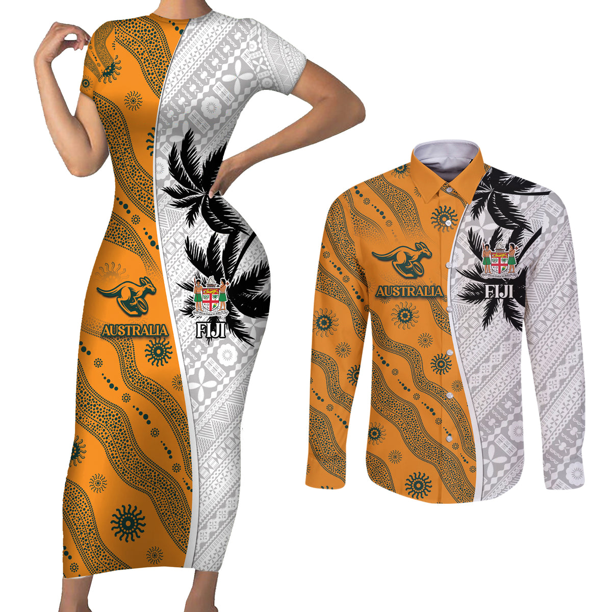 Custom Fiji and Australia Rugby Couples Matching Short Sleeve Bodycon Dress and Long Sleeve Button Shirt Tapa Mix Aboriginal Pattern Half Style