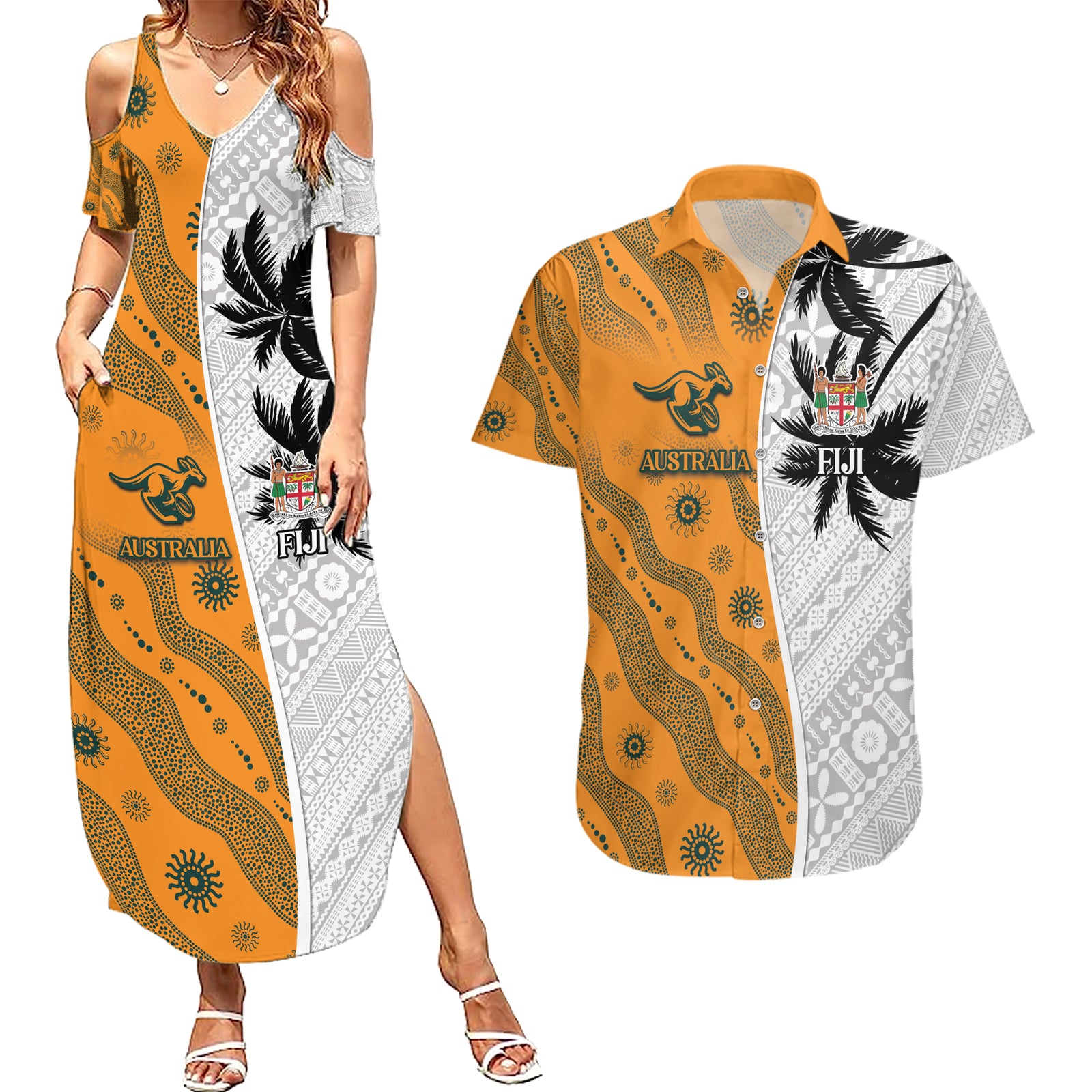Custom Fiji and Australia Rugby Couples Matching Summer Maxi Dress and Hawaiian Shirt Tapa Mix Aboriginal Pattern Half Style