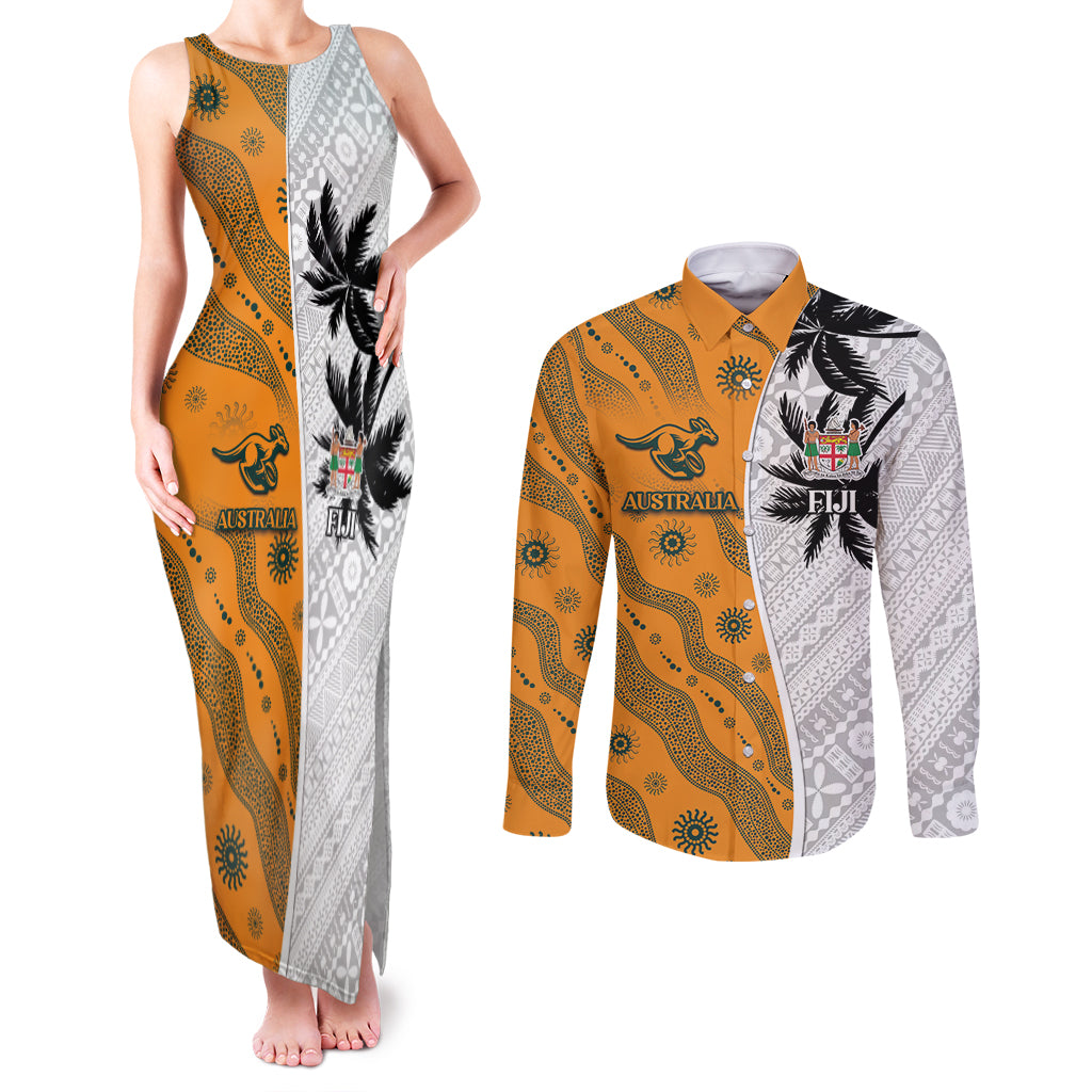 Custom Fiji and Australia Rugby Couples Matching Tank Maxi Dress and Long Sleeve Button Shirt Tapa Mix Aboriginal Pattern Half Style