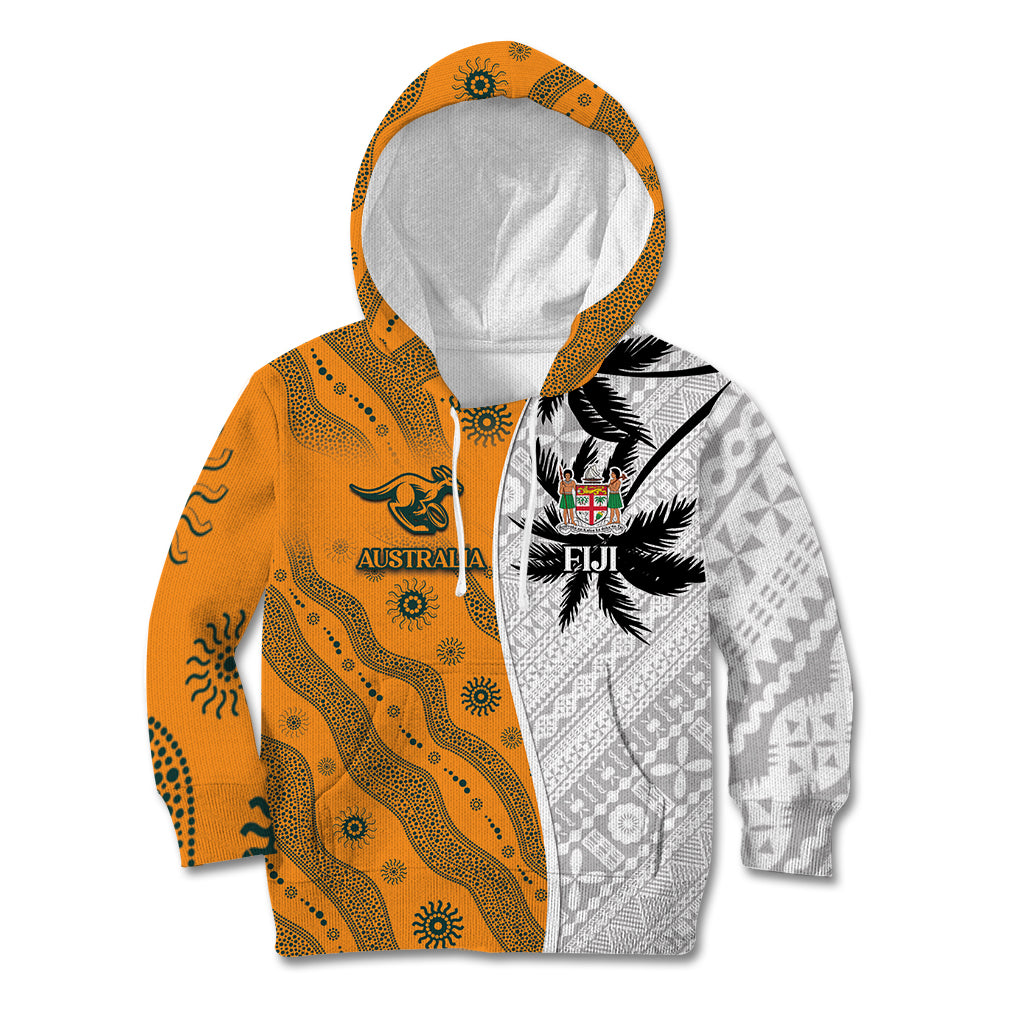 Custom Fiji and Australia Rugby Kid Hoodie Tapa Mix Aboriginal Pattern Half Style