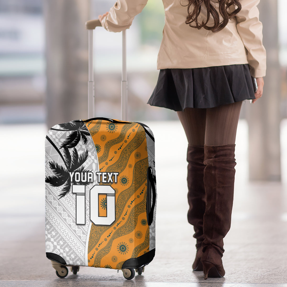 Custom Fiji and Australia Rugby Luggage Cover Tapa Mix Aboriginal Pattern Half Style