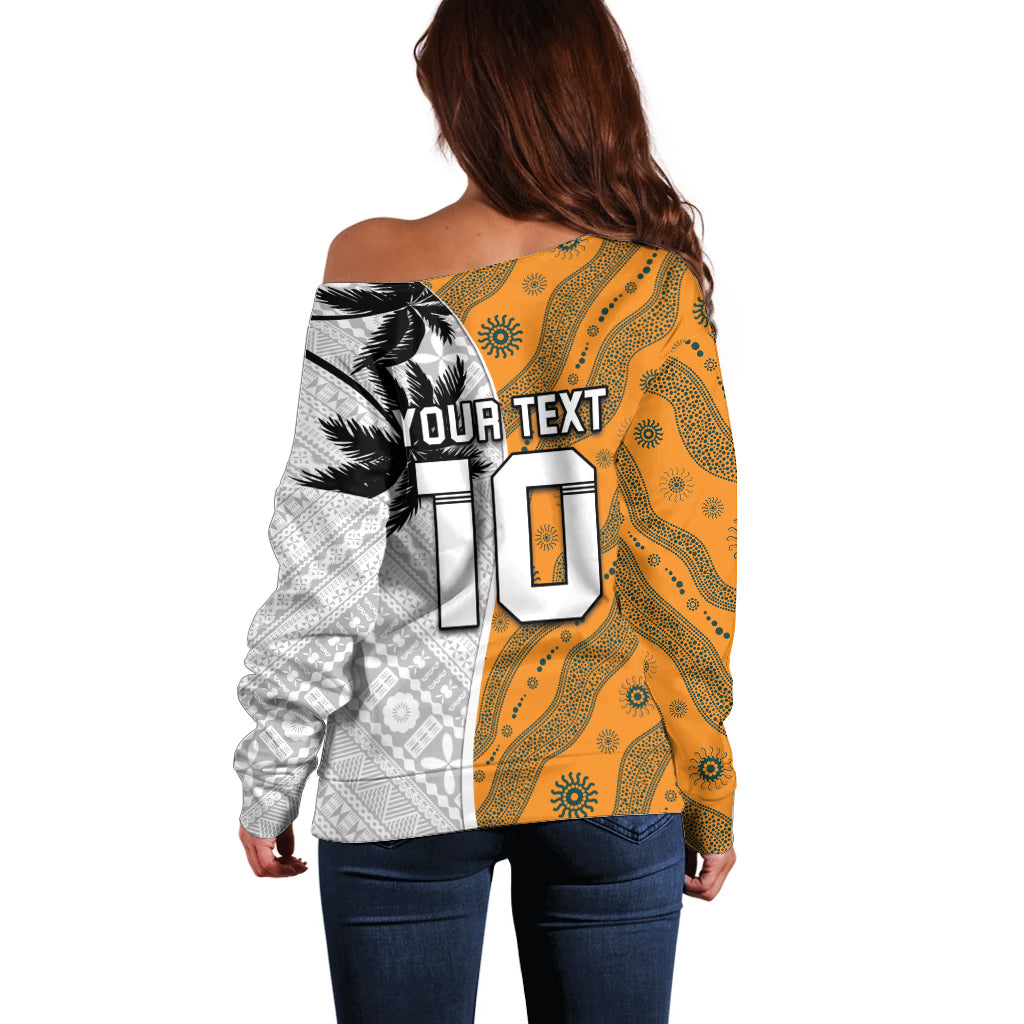 Custom Fiji and Australia Rugby Off Shoulder Sweater Tapa Mix Aboriginal Pattern Half Style