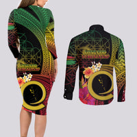 Vanuatu Independence Day Couples Matching Long Sleeve Bodycon Dress and Long Sleeve Button Shirt Sand Drawing Melanesian Vibes LT03 - Polynesian Pride