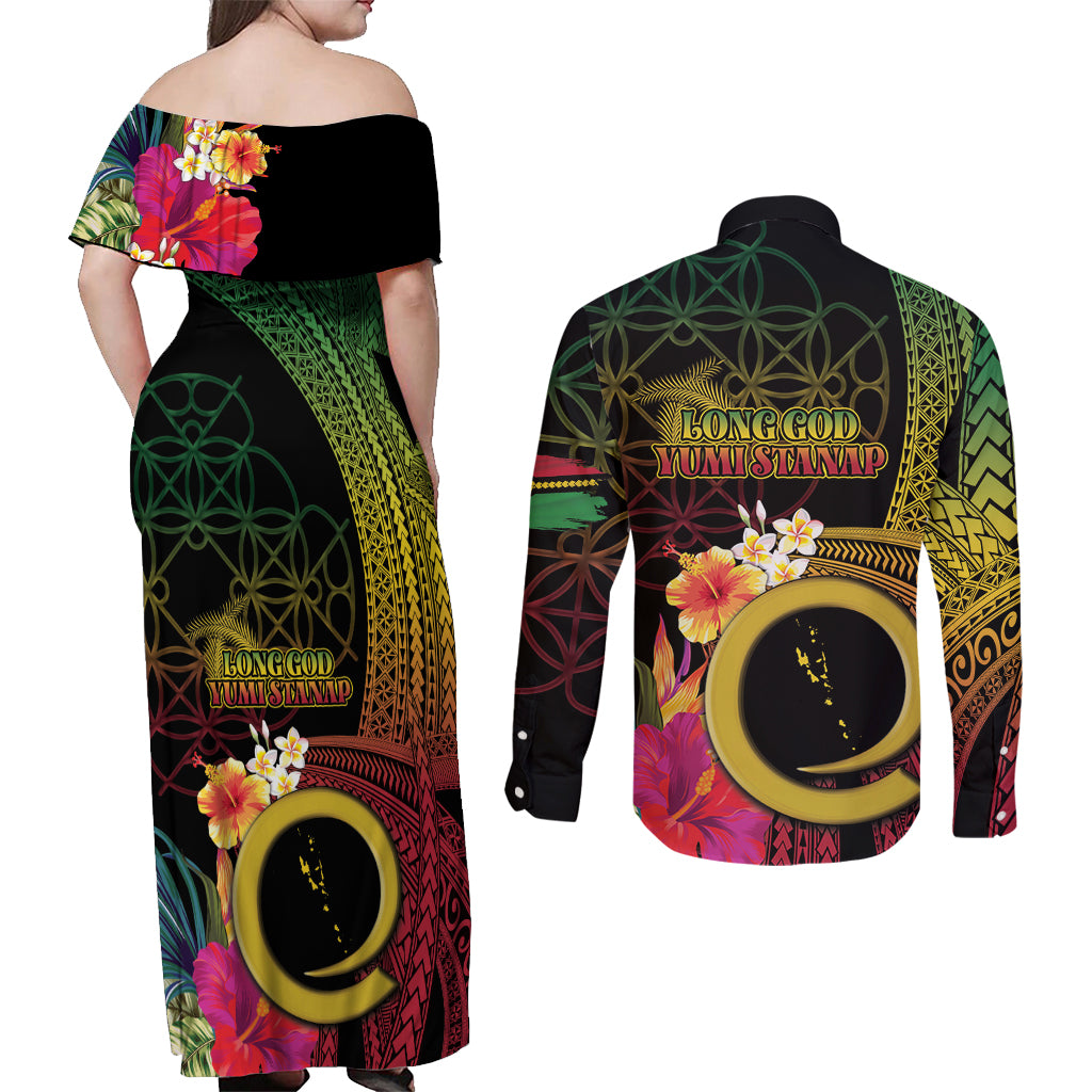 Vanuatu Independence Day Couples Matching Off Shoulder Maxi Dress and Long Sleeve Button Shirt Sand Drawing Melanesian Vibes