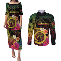 Vanuatu Independence Day Couples Matching Puletasi and Long Sleeve Button Shirt Sand Drawing Melanesian Vibes LT03 Black - Polynesian Pride