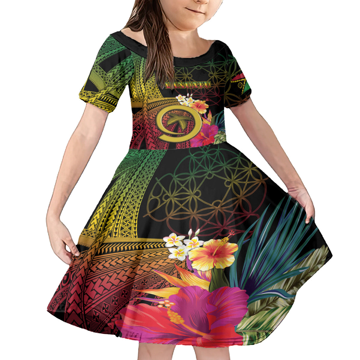 Vanuatu Independence Day Family Matching Off The Shoulder Long Sleeve Dress and Hawaiian Shirt Sand Drawing Melanesian Vibes