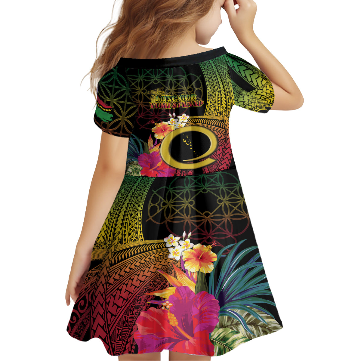 Vanuatu Independence Day Family Matching Off The Shoulder Long Sleeve Dress and Hawaiian Shirt Sand Drawing Melanesian Vibes