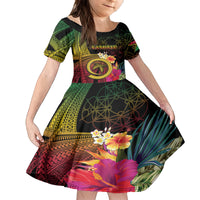 Vanuatu Independence Day Family Matching Puletasi and Hawaiian Shirt Sand Drawing Melanesian Vibes LT03 Daughter's Dress Black - Polynesian Pride