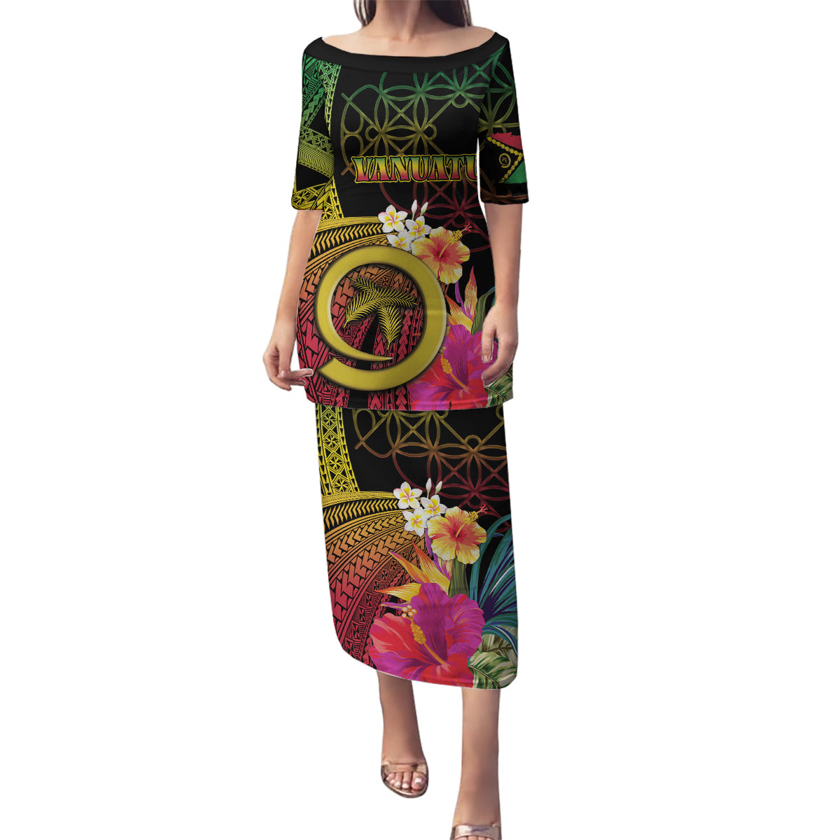 Vanuatu Independence Day Family Matching Puletasi and Hawaiian Shirt Sand Drawing Melanesian Vibes LT03 Mom's Dress Black - Polynesian Pride