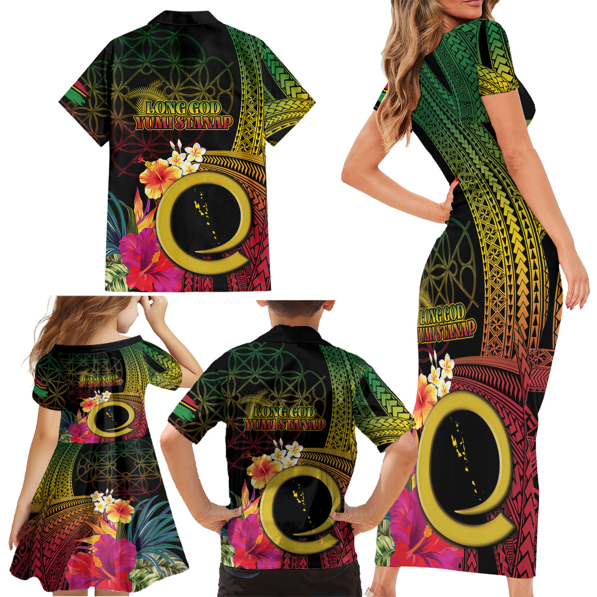 Vanuatu Independence Day Family Matching Short Sleeve Bodycon Dress and Hawaiian Shirt Sand Drawing Melanesian Vibes LT03 - Polynesian Pride
