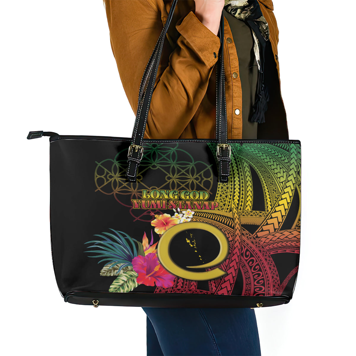 Vanuatu Independence Day Leather Tote Bag Sand Drawing Melanesian Vibes LT03 - Polynesian Pride