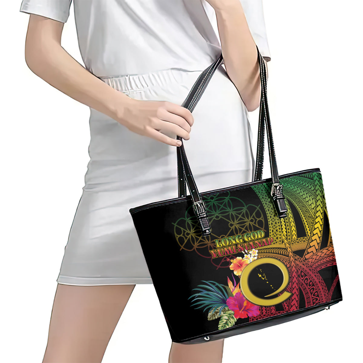 Vanuatu Independence Day Leather Tote Bag Sand Drawing Melanesian Vibes LT03 - Polynesian Pride