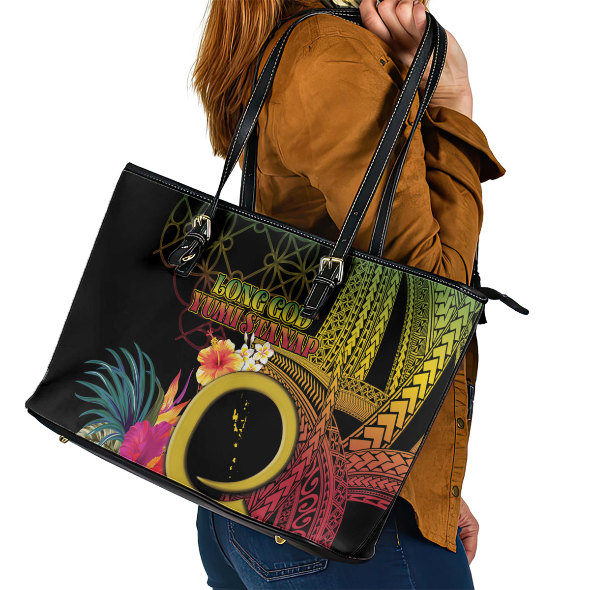 Vanuatu Independence Day Leather Tote Bag Sand Drawing Melanesian Vibes LT03 - Polynesian Pride