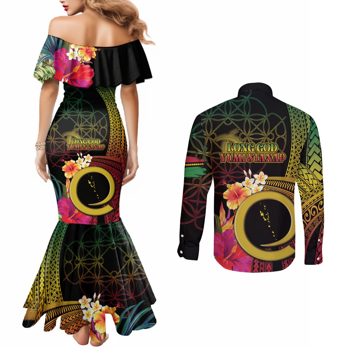 Vanuatu Selebretem 44th Indipendens Dei Couples Matching Mermaid Dress and Long Sleeve Button Shirt Sand Drawing Melanesian Vibes LT03 - Polynesian Pride