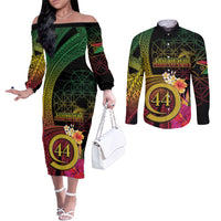 Vanuatu Selebretem 44th Indipendens Dei Couples Matching Off The Shoulder Long Sleeve Dress and Long Sleeve Button Shirt Sand Drawing Melanesian Vibes LT03 Black - Polynesian Pride