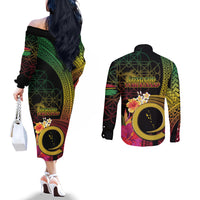 Vanuatu Selebretem 44th Indipendens Dei Couples Matching Off The Shoulder Long Sleeve Dress and Long Sleeve Button Shirt Sand Drawing Melanesian Vibes LT03 - Polynesian Pride