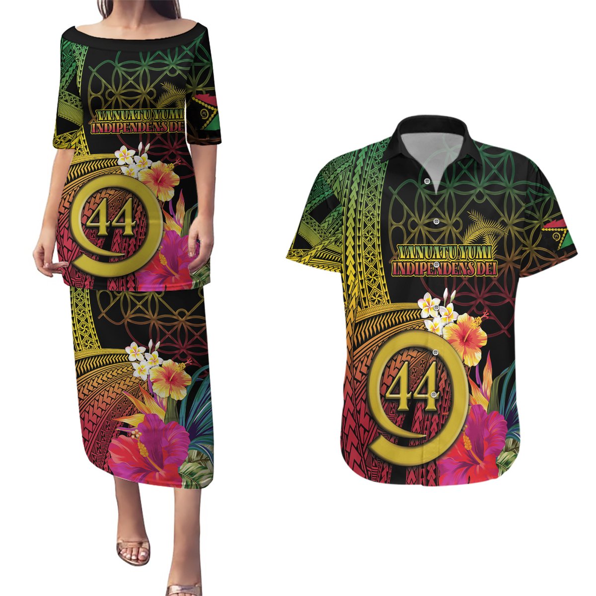 Vanuatu Selebretem 44th Indipendens Dei Couples Matching Puletasi and Hawaiian Shirt Sand Drawing Melanesian Vibes