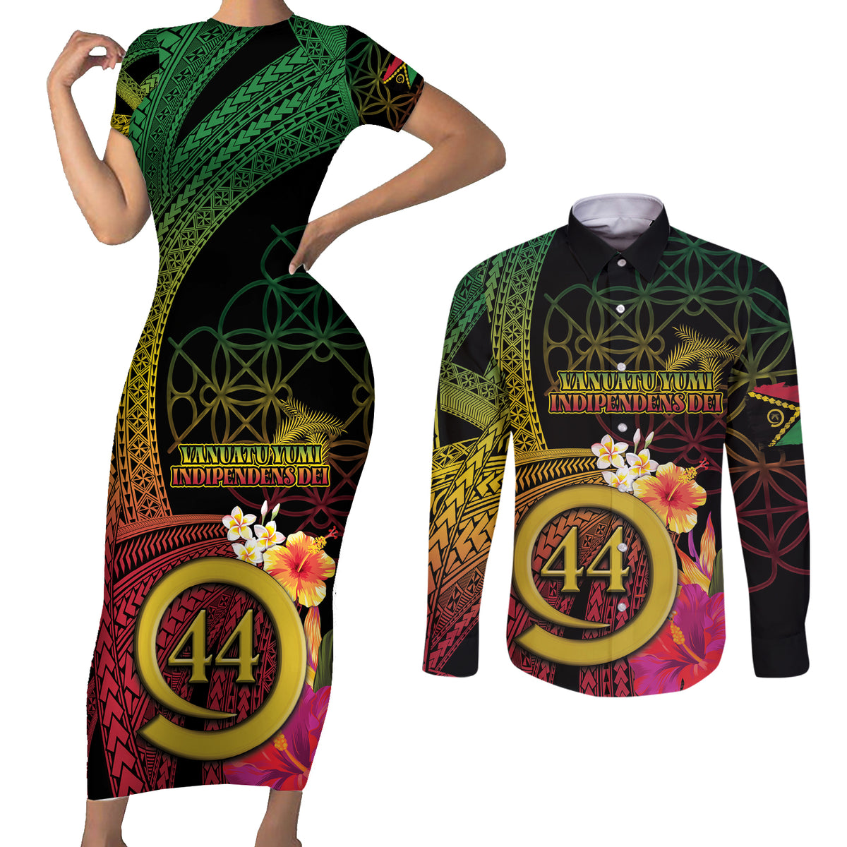 Vanuatu Selebretem 44th Indipendens Dei Couples Matching Short Sleeve Bodycon Dress and Long Sleeve Button Shirt Sand Drawing Melanesian Vibes LT03 Black - Polynesian Pride