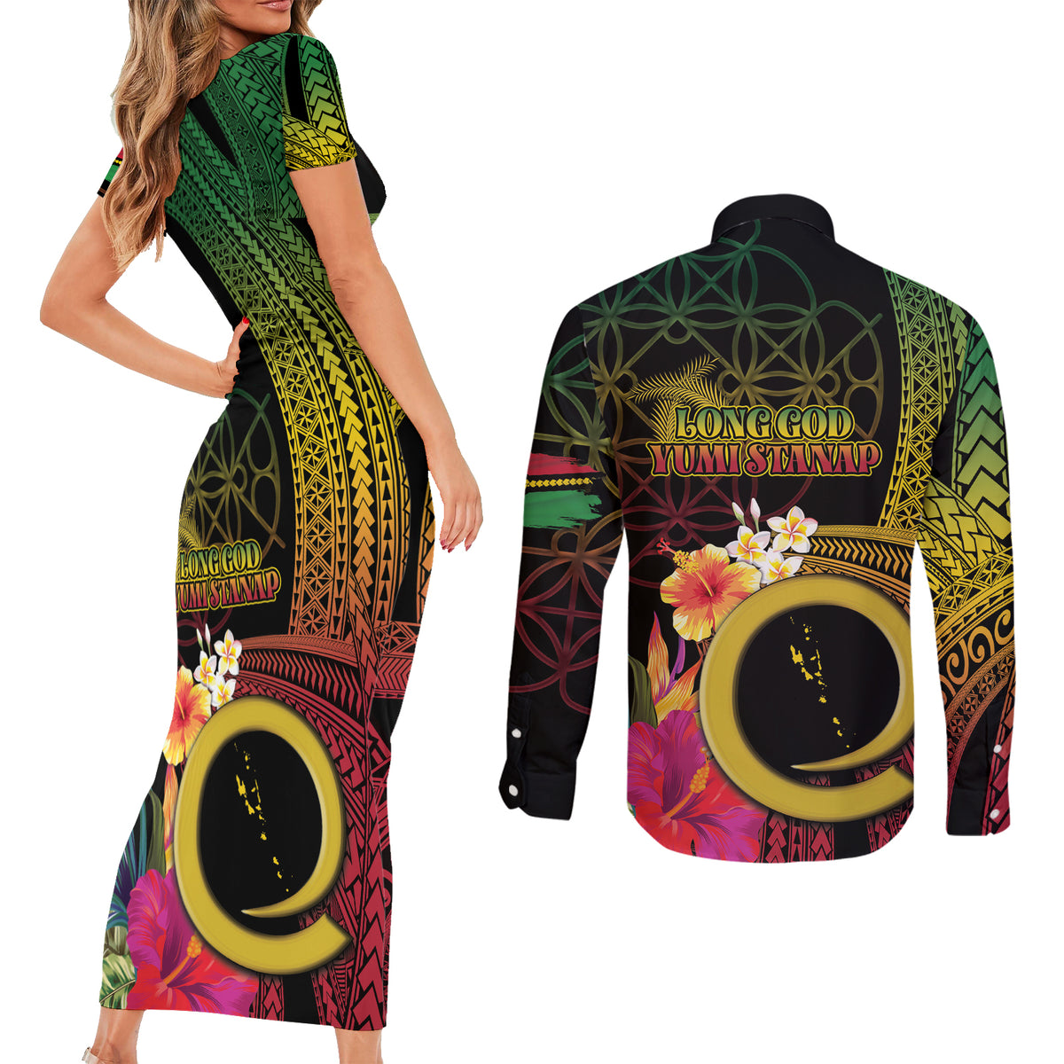Vanuatu Selebretem 44th Indipendens Dei Couples Matching Short Sleeve Bodycon Dress and Long Sleeve Button Shirt Sand Drawing Melanesian Vibes LT03 - Polynesian Pride