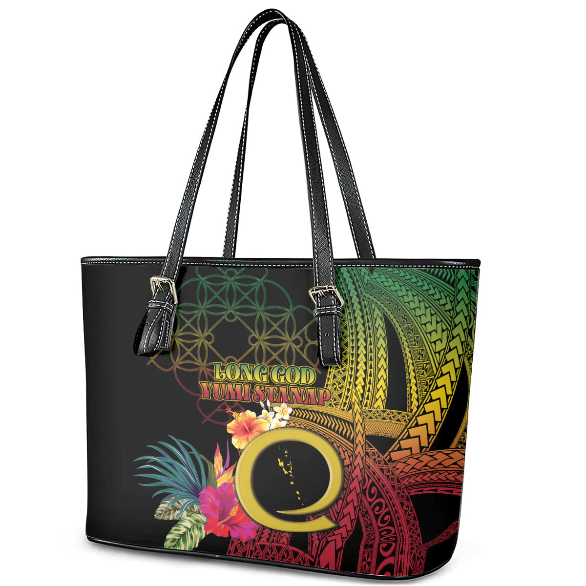 Vanuatu Selebretem 44th Indipendens Dei Leather Tote Bag Sand Drawing Melanesian Vibes