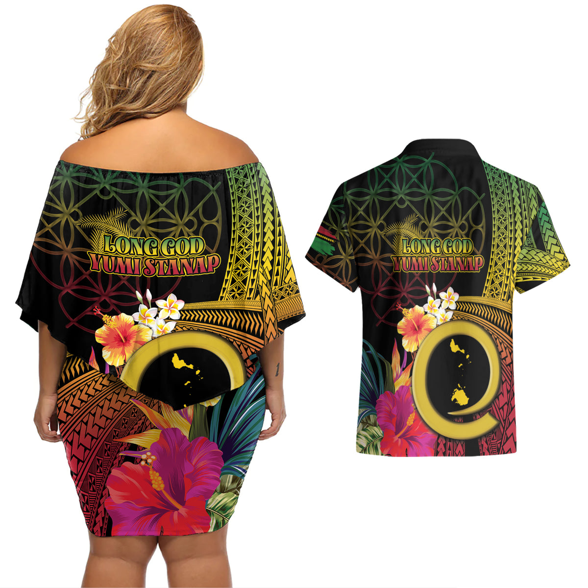 Vanuatu Shefa Day Couples Matching Off Shoulder Short Dress and Hawaiian Shirt Sand Drawing Melanesian