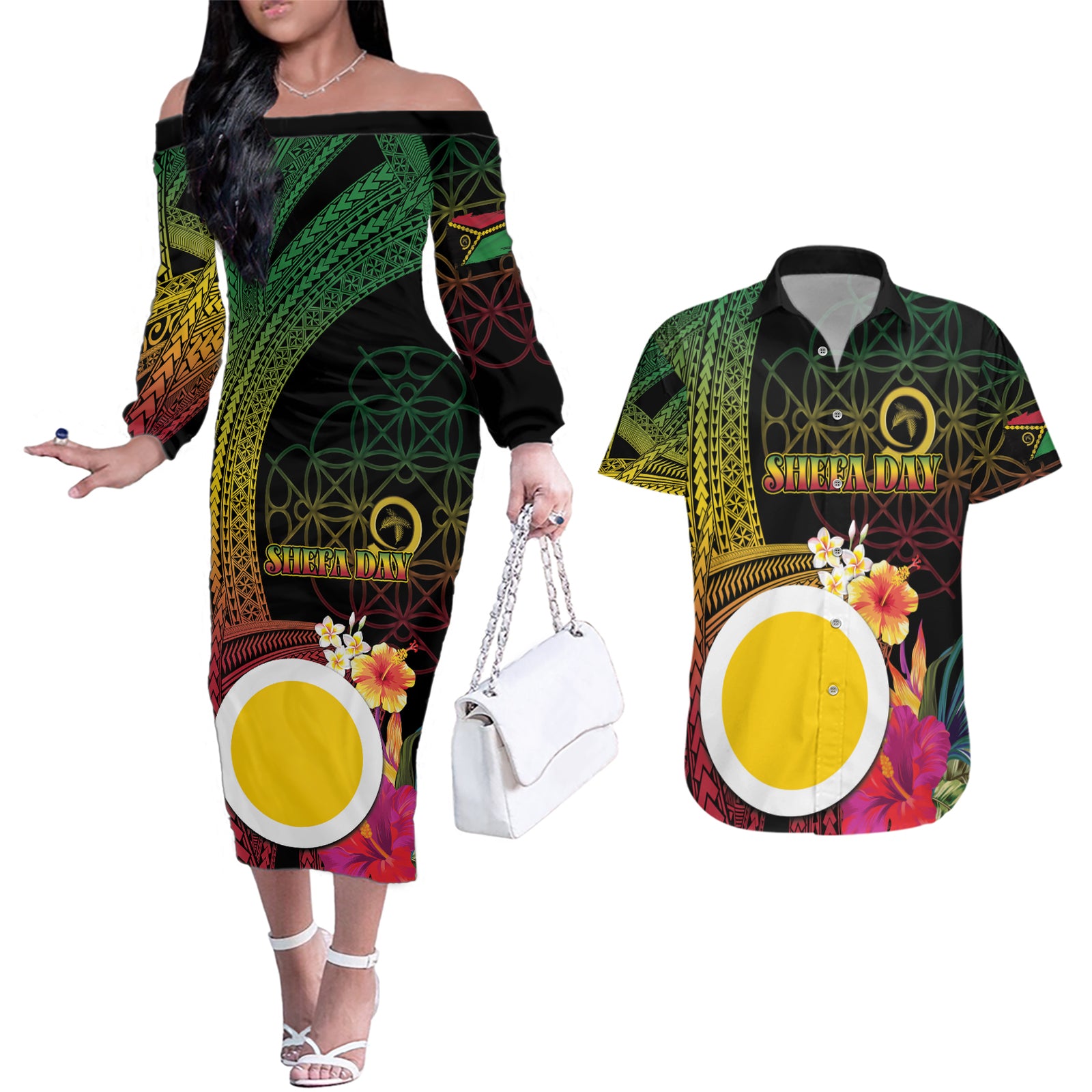 Vanuatu Shefa Day Couples Matching Off The Shoulder Long Sleeve Dress and Hawaiian Shirt Sand Drawing Melanesian