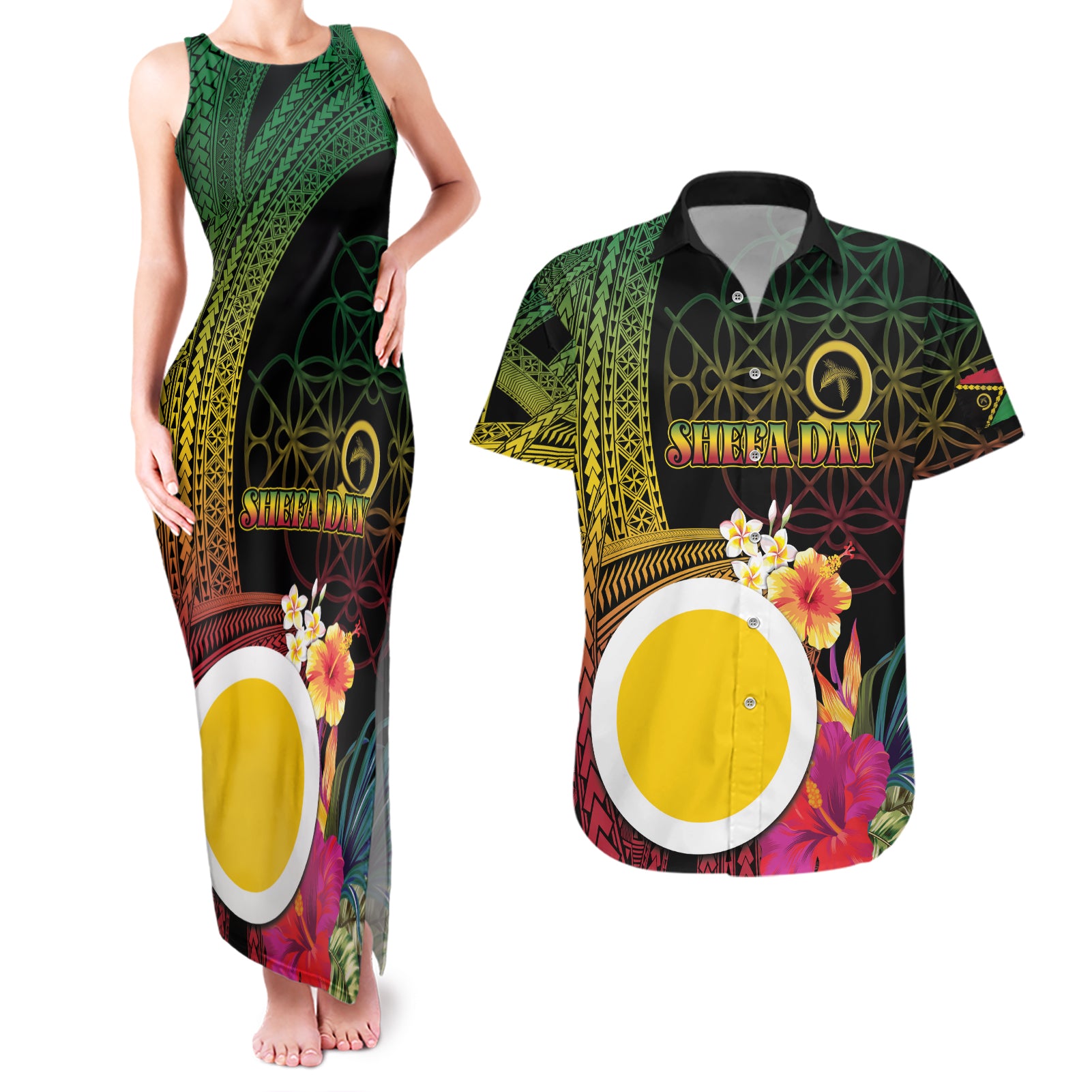 Vanuatu Shefa Day Couples Matching Tank Maxi Dress and Hawaiian Shirt Sand Drawing Melanesian