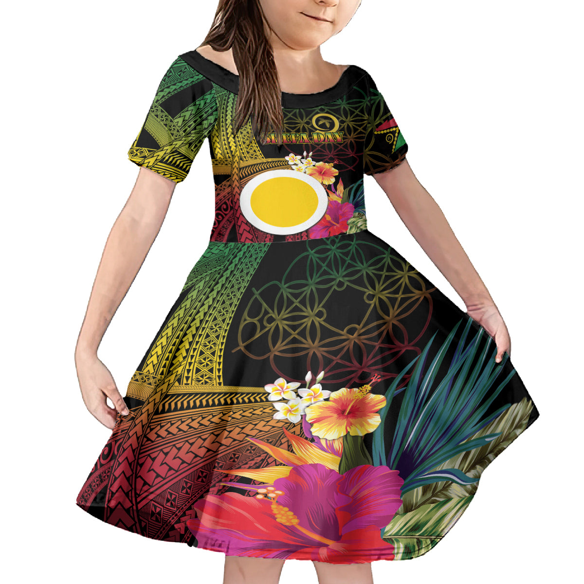 Vanuatu Shefa Day Family Matching Off Shoulder Short Dress and Hawaiian Shirt Sand Drawing Melanesian