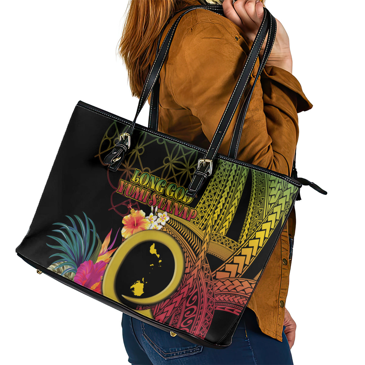 Vanuatu Shefa Day Leather Tote Bag Sand Drawing Melanesian LT03 - Polynesian Pride