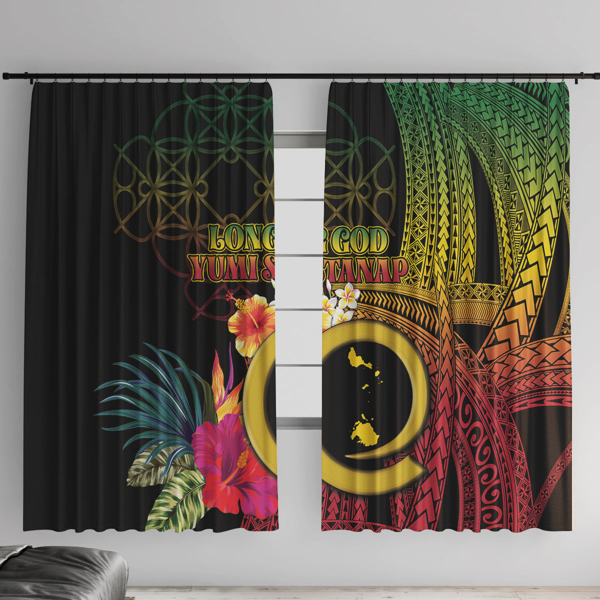 Vanuatu Shefa Day Window Curtain Sand Drawing Melanesian LT03 With Hooks Black - Polynesian Pride